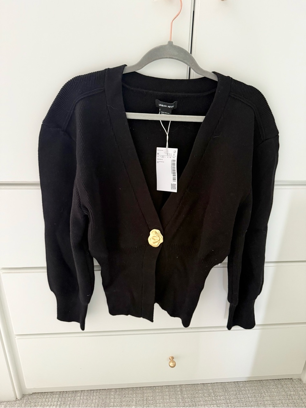Urban Outfitters Black V-Neck Knit Cardigan with Gold Rose Button